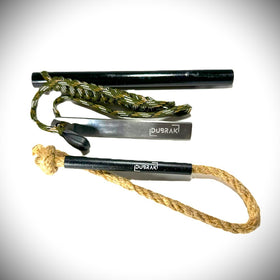 Dubrak 6-inch ferro rod with camo paracord, striker, and tinder rope with bellow.