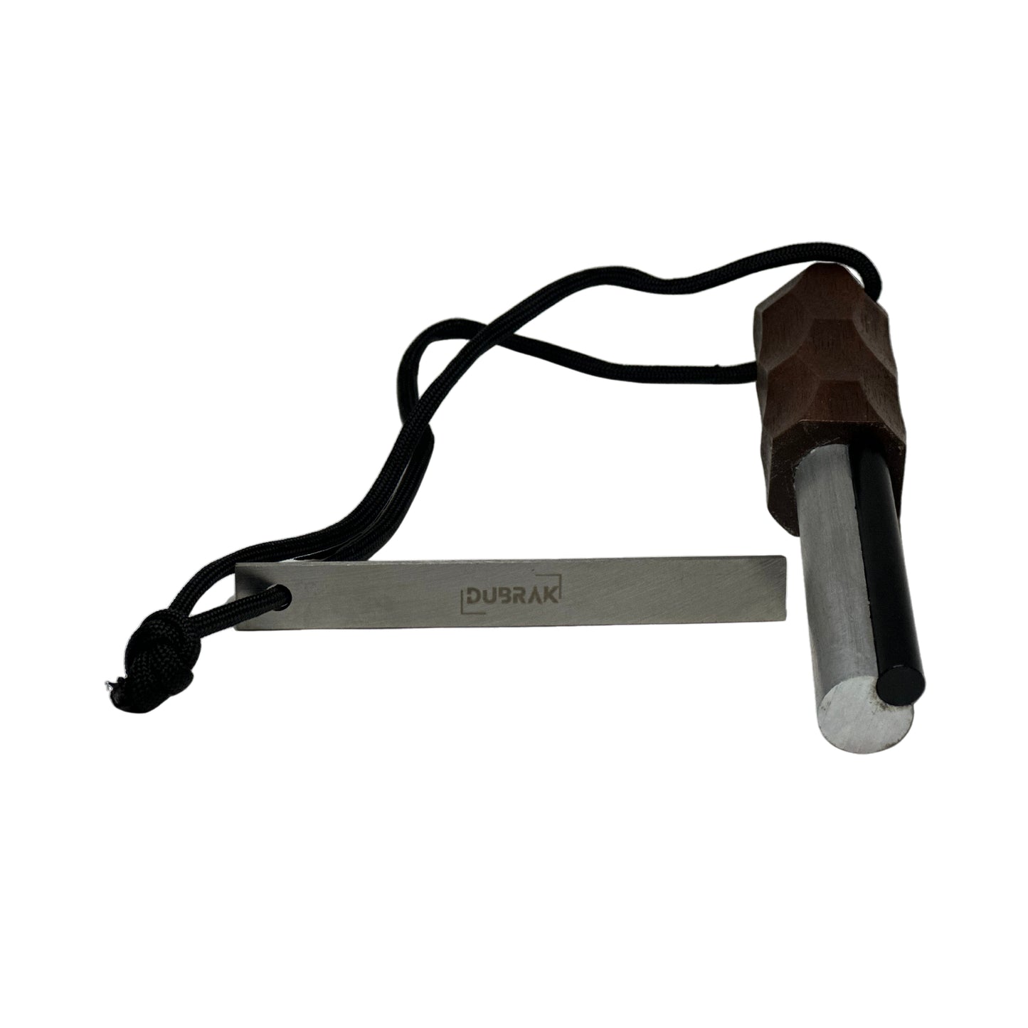 Dubrak product image of magnesium ferro rod with striker and fire cord.