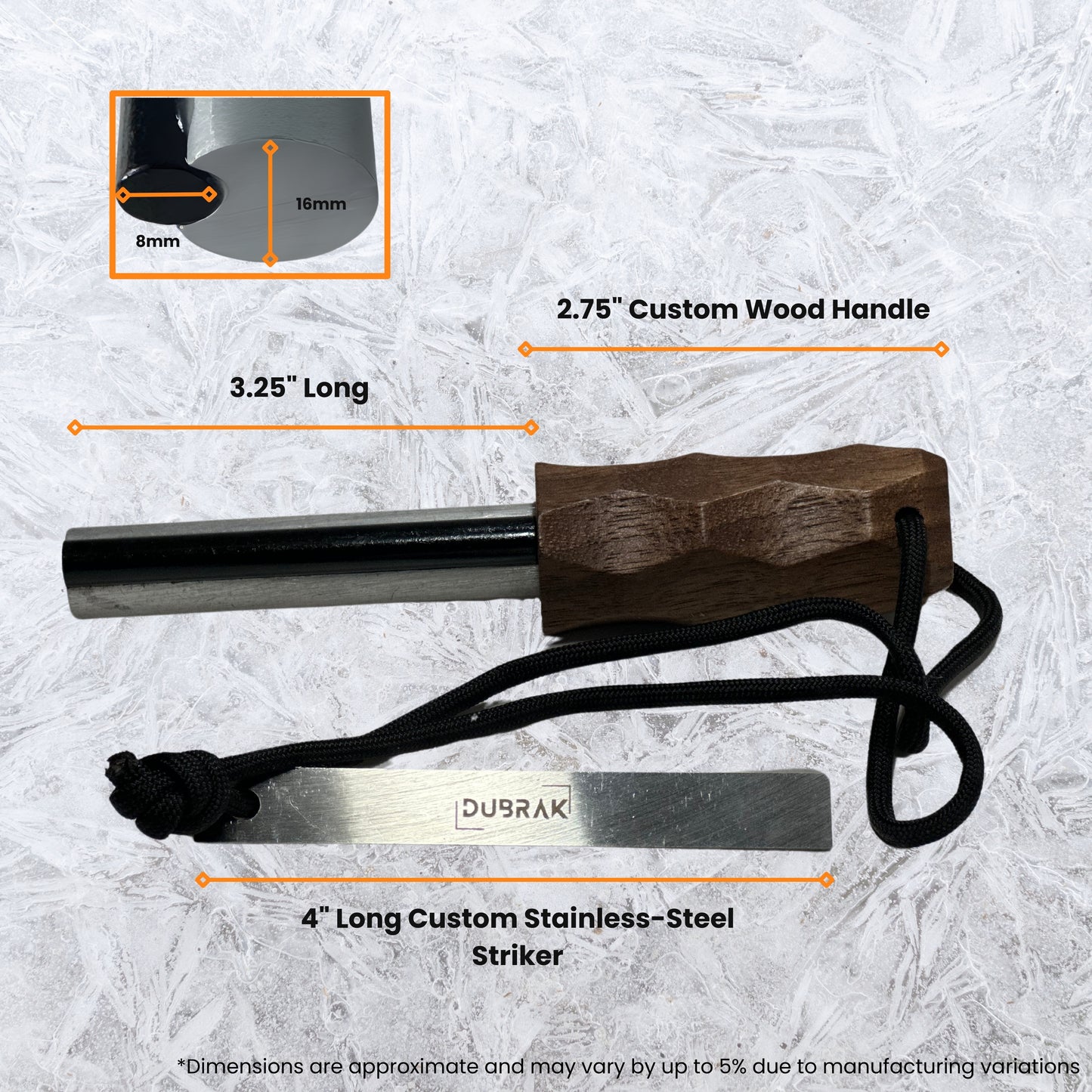 Dubrak mag ferro rod product dimensions.