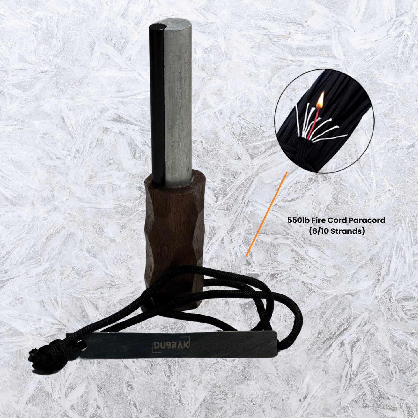 Magnesium ferro rod and striker tethered with a paracord which has fire strand.