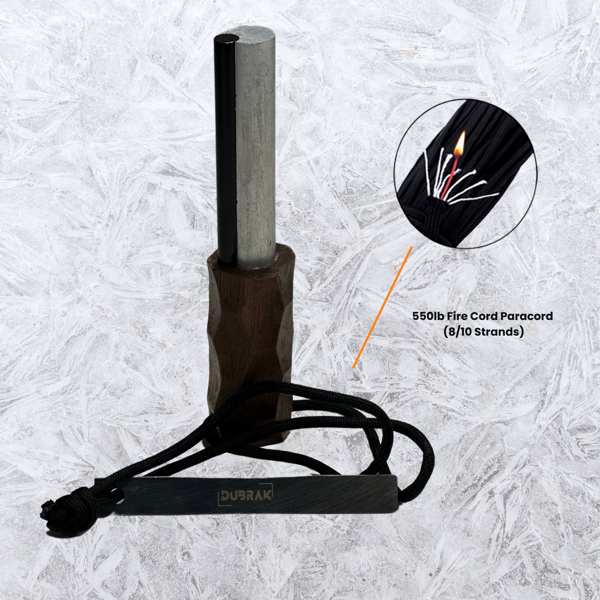 Magnesium ferro rod and striker tethered with a paracord which has fire strand.