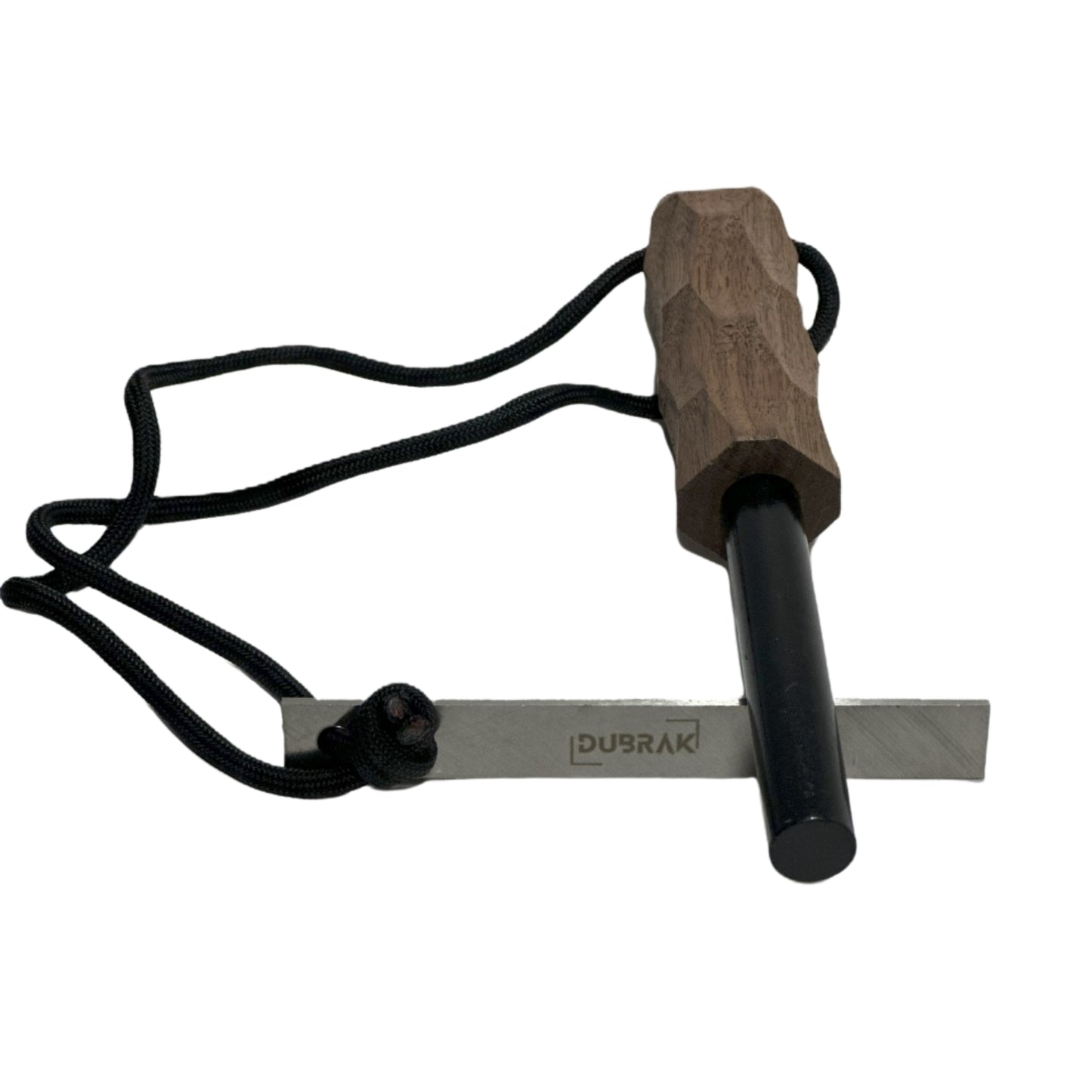 Dubrak product image of 0.5-inch thick ferro rod with striker and fire cord.