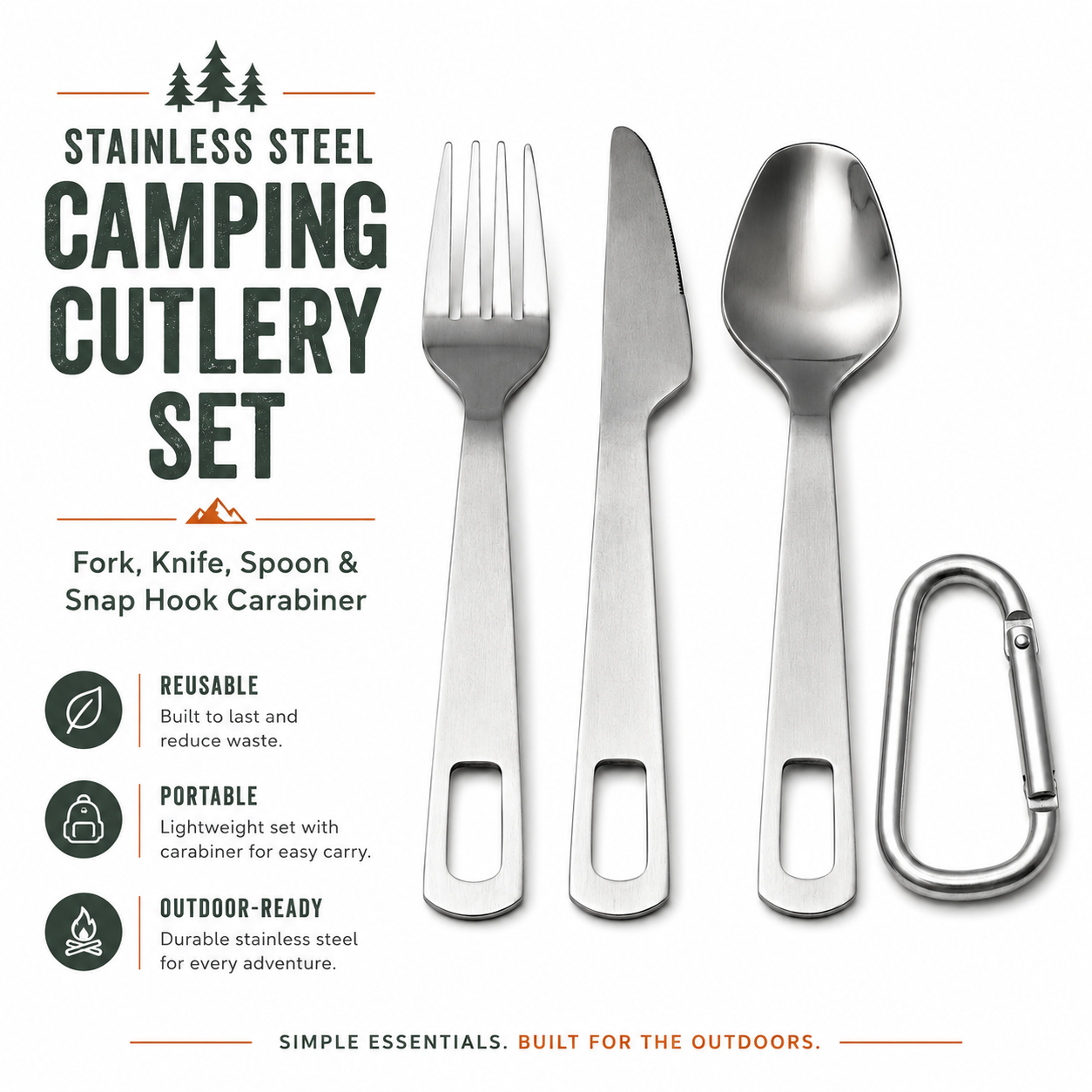 Stainless steel camping cutlery set with fork, knife, spoon, and carabiner on a white background.