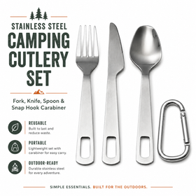 Stainless steel camping cutlery set with fork, knife, spoon, and carabiner on a white background.