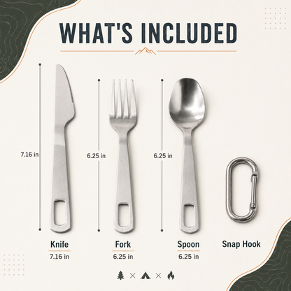 Measurement chart of camping utensils including knife, fork, spoon, and snap hook on a white background.