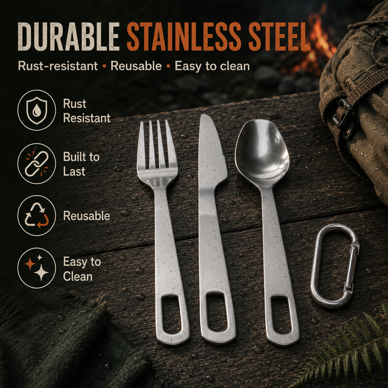 Stainless steel cutlery set with carabiner on a wooden surface, emphasizing durability and ease of use.