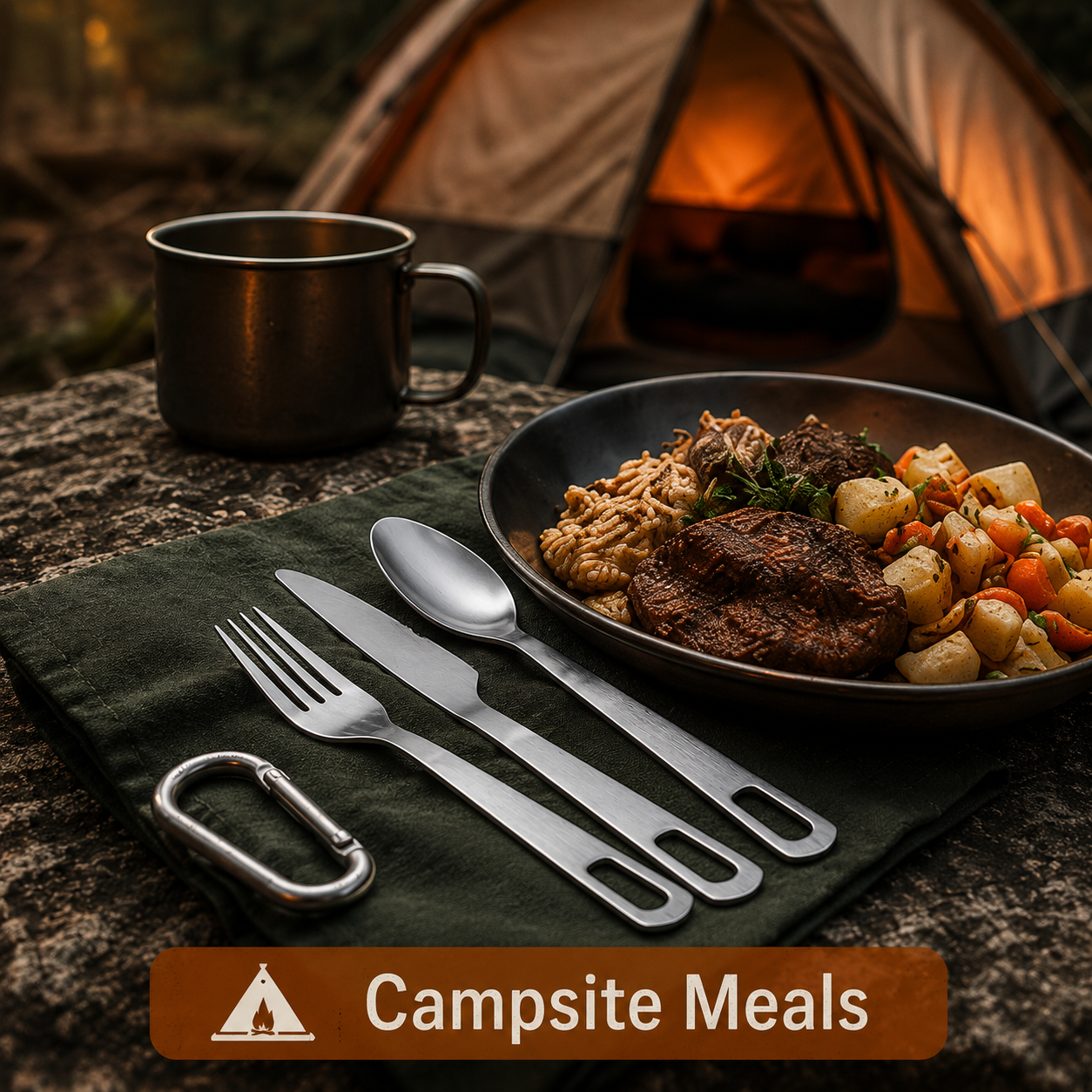 Camping meal setup with plate of food, utensils, and mug in front of a tent.
