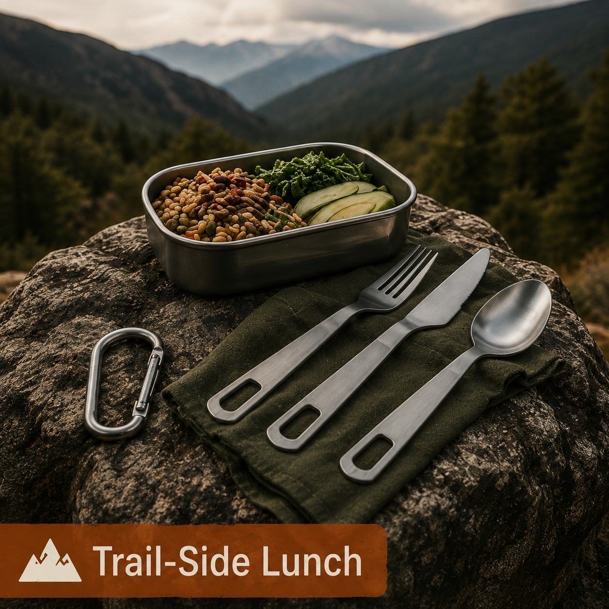 Trail-side lunch with metal container, cutlery, and carabiner on a rock with mountain backdrop