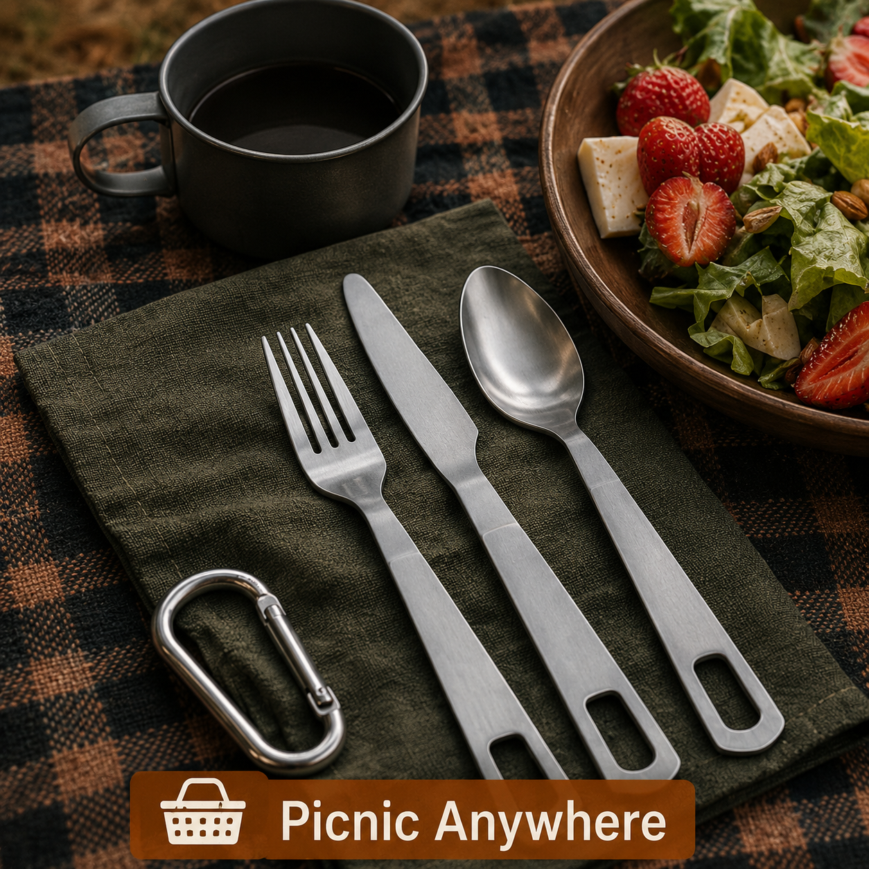 Picnic setup with cutlery, mug, and salad on a checkered cloth, featuring 'Picnic Anywhere' branding.