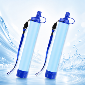 Portable water filter straw 2-pack with blue lanyards on clean water splash background.
