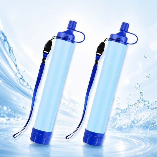 Portable water filter straw 2-pack with blue lanyards on clean water splash background.