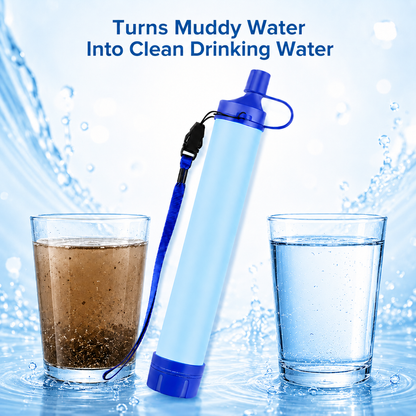 Water filter pen transforming muddy water into clean drinking water with a blue background.