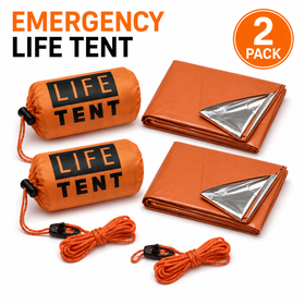 Two emergency life tents with reflective material and ropes on a white background