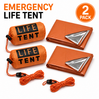 Two emergency life tents with reflective material and ropes on a white background