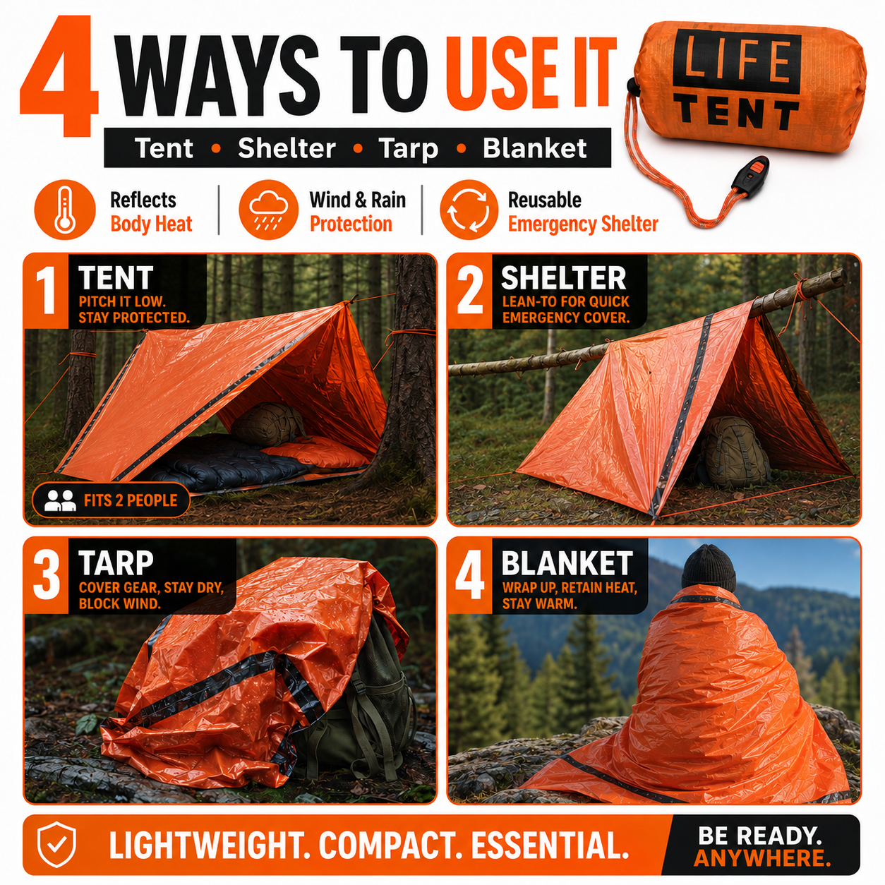 Life Tent with various uses shown and text explaining its features.