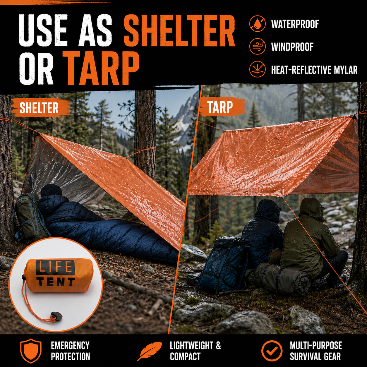 Orange tent used as a shelter and tarp in a forest setting with text highlighting features.