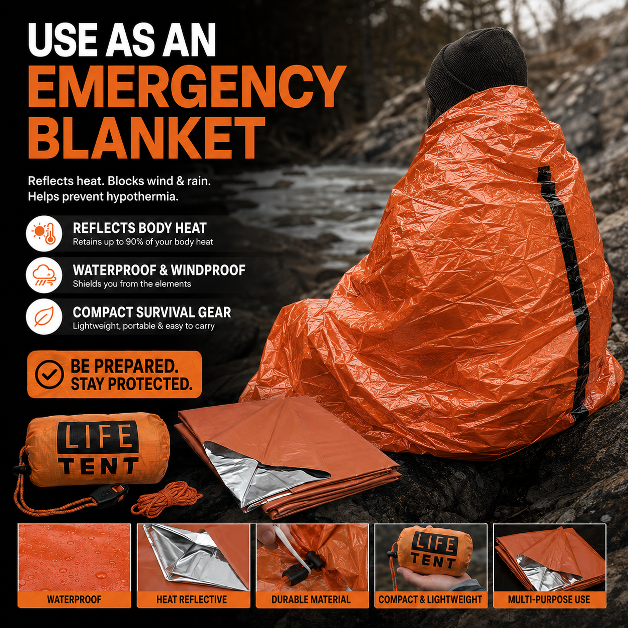 Orange emergency blanket being used by a person in a natural setting with product details.