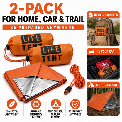 Orange 'LIFE TENT' with packaging and usage scenarios on a white background